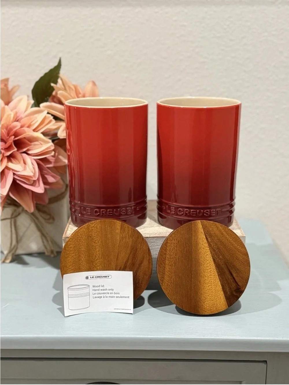 Le Creuset CERISE Stoneware Signature Storage Canister Wood Lid 26oz / 770ml Set